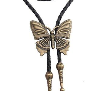 Bolo Tie Rodeo Cowboy Leather Necktie Western Necklace w Butterfly Pendant